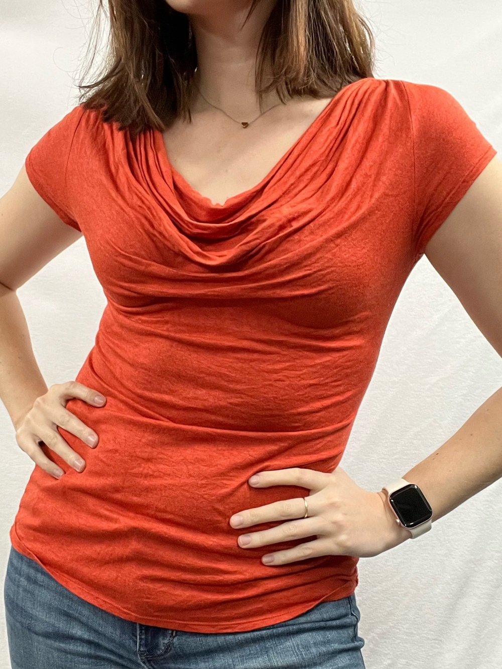 Max Studio Draped Cowl Neck Tee in Burnt Orange